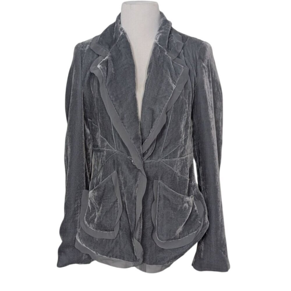 Libby Edelman Velvet Blazer Womens Size Small Gray Satin Frill Trim Lined Jacket